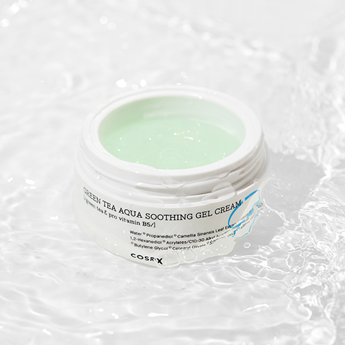 An open jar of the cosrx green tea aqua soothing gel cream kept in low level water: the fifth step to prep your skin for flawless make up
